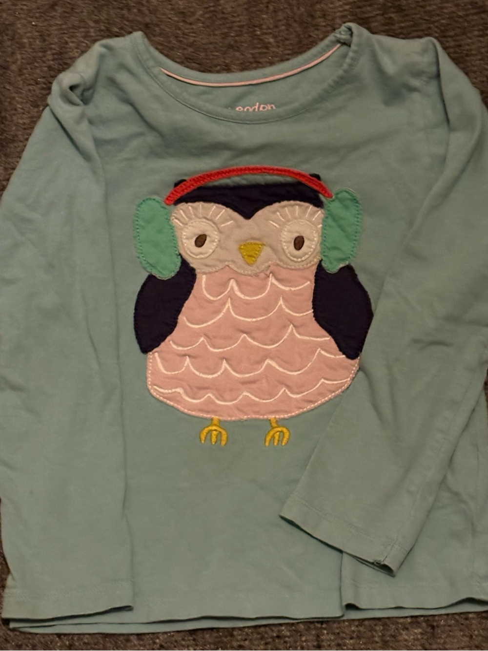 Mini Boden Mint Green Long-Sleeve Tee with Owl Appliqué